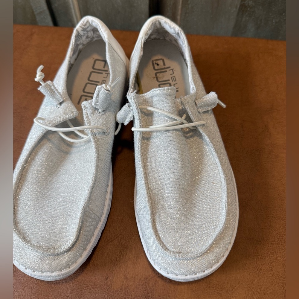 Hey Dude Women's Moccasins wendy shoe in Silver sparkle size 9. WORN ONCE.